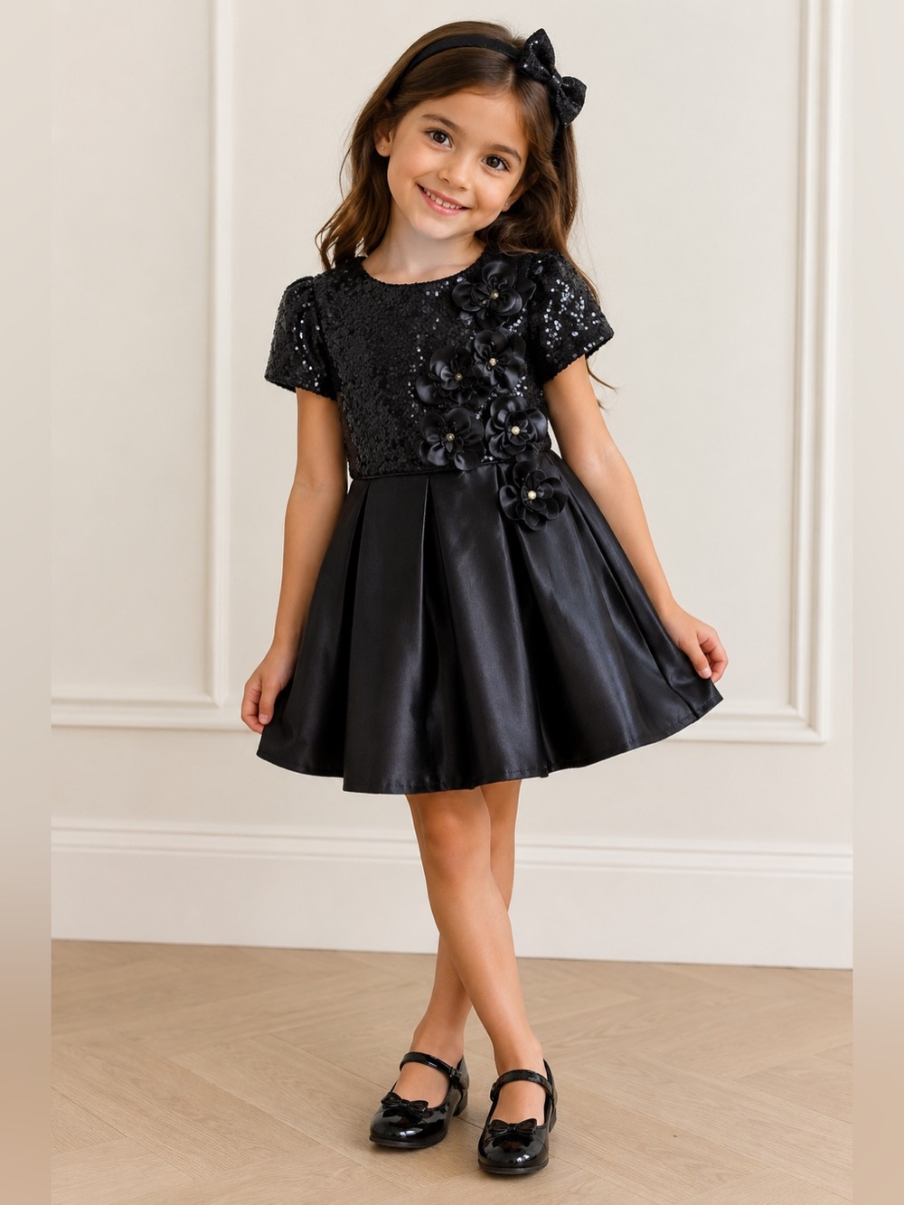 Girls Black Sequin Wedding/Party Dress Satin Skirt 3D Flower Appliqué Bow